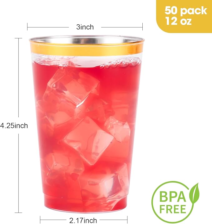Goodluck 50PCS 12oz Gold Plastic Cups for Party, Disposable Gold Rim Cups, Plastic Cocktail Glasses for Wedding Thanksgiving, Christmas, and Parties