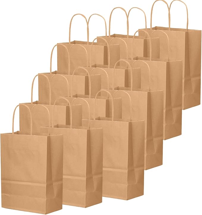qiqee 50-Packs Brown Paper Gift Bags with Handles Bulk 8.3"x3"x 6" Small Size Paper Bags Multiple Uses(Small Size)