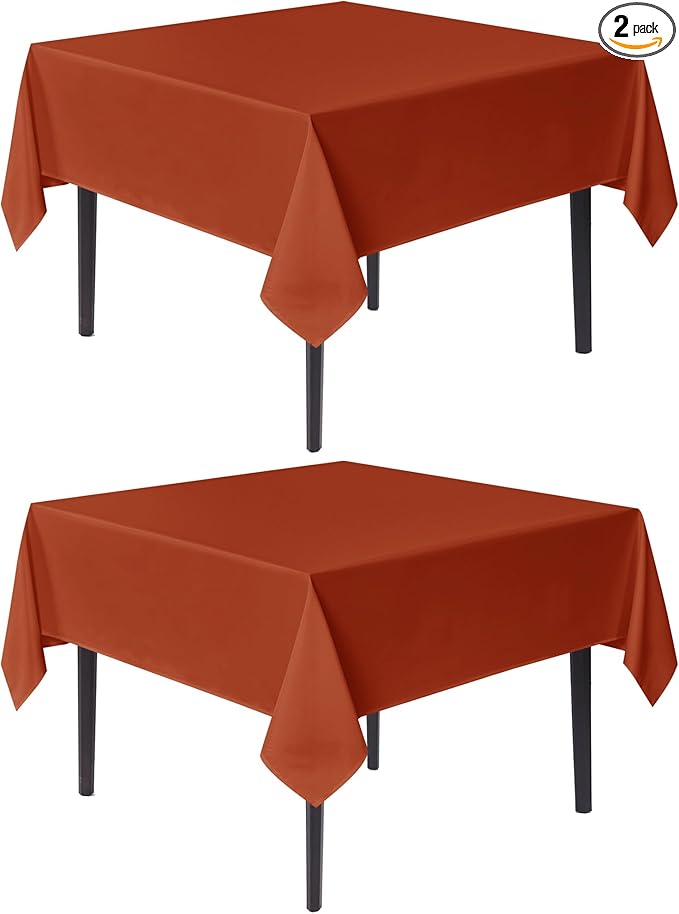 sancua Thanksgiving Square Tablecloths 60x60 Inch Rust, 2 Pack Fabric Fall Table Cloth for Square or Round Tables, Burnt Orange Washable Polyester Table Cover for Dinner, Holiday Party, Display Tables