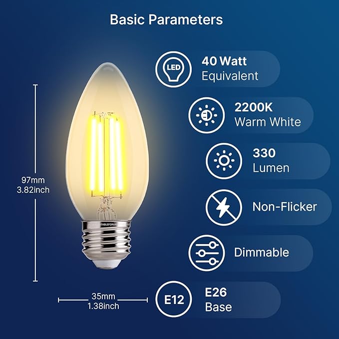 FLSNT 40W Equivalent LED Chandelier Light Bulbs, Dimmable Amber LED B11 E26 Candelabra Base Bulbs, 2200K Warm White, 330LM, 6 Pack UL,CA65 Listed.