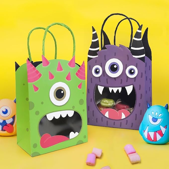 Cheerland Monster Gift Bags Halloween Goodie Bag Monster Party Favors Bag Summerween Candy Treats Paper Goody Bags Cartoon Themed Birthday Party Decorations Treat Inc Kids Theme Party Supplies 4 Pcs