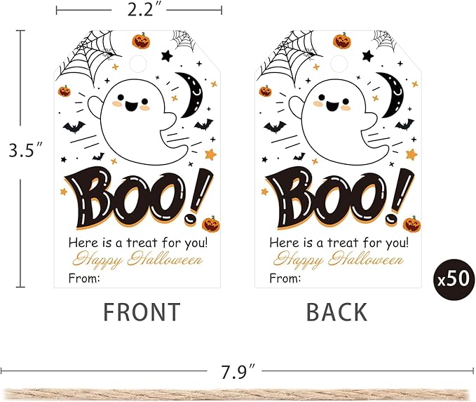 Aukolass 50Pcs Boo Gift Tags, Halloween Treat Tag for Spooky Ghost Party Favor and Gift Wrapping Decoration (Boo)