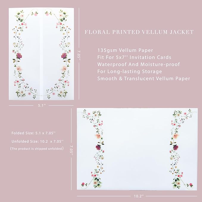 PONATIA 50PCS Vellum Jackets for 5x7 Invitation Cards- 135GSM Wild Flowers Printed Vellum Sleeves, Quinceanera Wedding Invitation Cards Wraps, Transparent Christmas Gift Cards Jackets