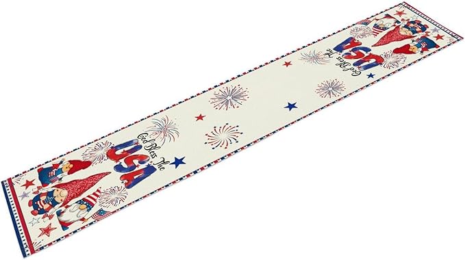Cute Patriotic Gnomes Table Runner, American Independence Day 4th of July Gnome Blue Red Fireworks Confetti Print Table Runner for Home Kitchen Dining Table Party Decor, 13x108inch