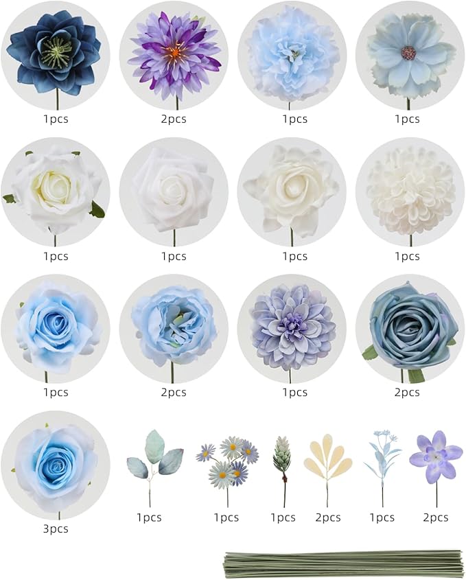 Artificial Flowers Combo, Mix Silk Flowers Roses, Peonies, Dahlias with Stems for DIY Wedding Bridal Bouquets, Baby Shower, Table Centerpieces, Home Decor, Fake Floral Arrangements-Blue&purple