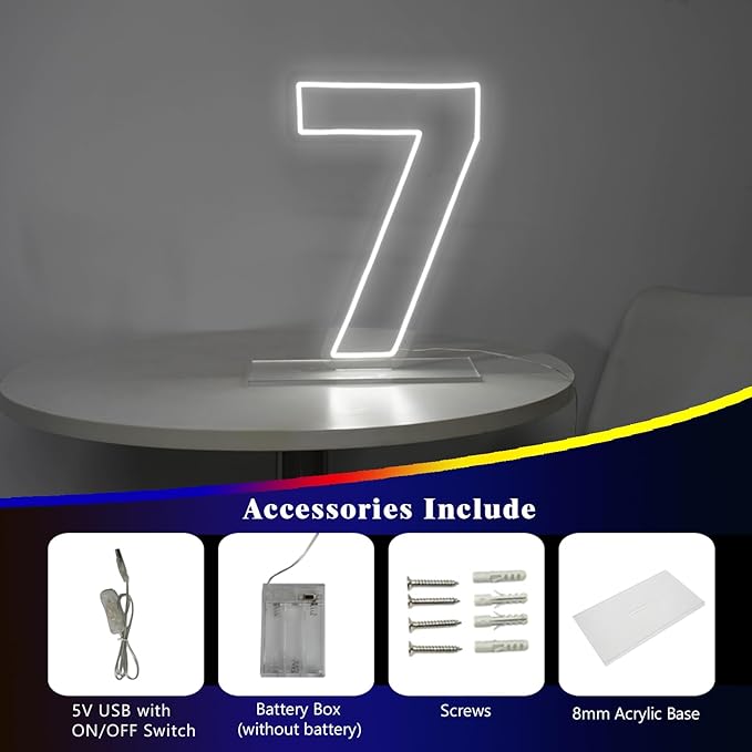Number 7 Neon Sign for Birthday, 16.54" Cool White USB Battery Powered Led Neon Sign for Party Wedding Anniversary Decor Light Sign (Number 7)