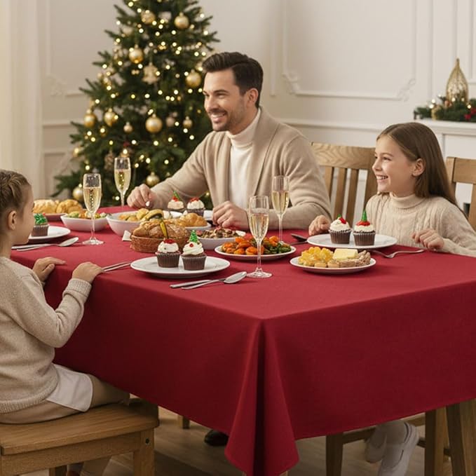 Fitable Faux Linen Christmas Tablecloths 2 Pack, Burlap Textured Fabric Rectangle Table Cloth, Elegant Decorative Table Covers for Winter Holiday Dinner Party Farmhouse (Red, 54 x 78 Inch)