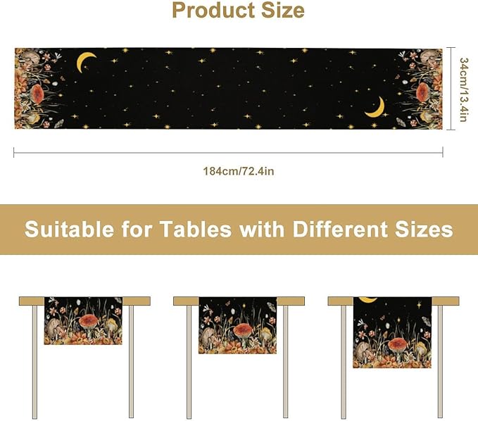 Mushroom Kitchen Table Runner, Gothic Moon Star Plants Witchy Moonlit Flower Butterfly Table Runner for Kitchen Party Living Room Drapes, 13x60 Inch Black