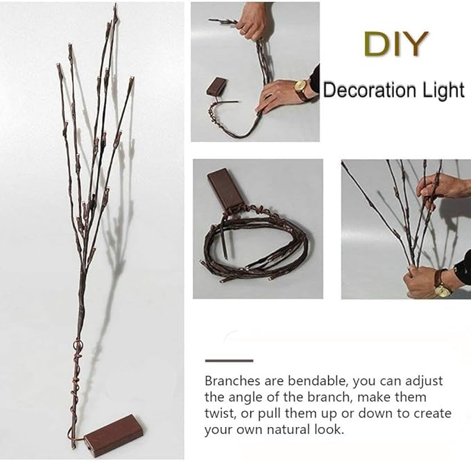 DK177 4 Pack Led Branch Light Battery Operated Lighted Branch Vase Filler Willow Tree Artificial Little Twig Power Brown 30 Inch 20 LED for Home Romantic Decoration, White