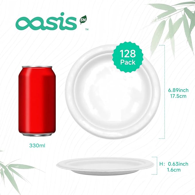 𝟕 𝐈𝐧𝐜𝐡, 𝟏𝟐𝟖-𝐏𝐚𝐜𝐤 Compostable Paper Plates, Heavy-Duty Biodegradable Disposable Dish Made from Bagasse, Perfeck for Snacks, Desserts, Party, Wedding and More (White)