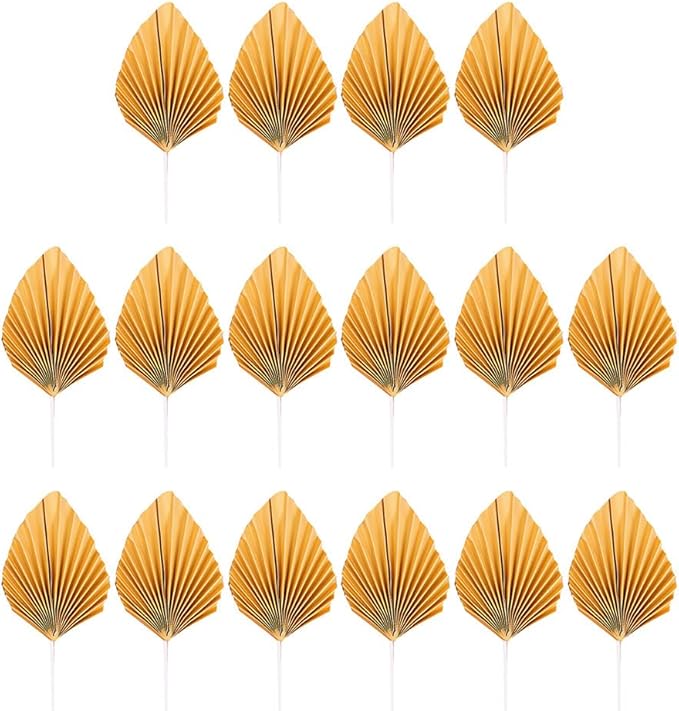16pcs Golden Tree Leaf Folding Fan Cake Toppers - Elegant Boho Cake Decorations for Birthday Party, Wedding, and Anniversary - 4.33 * 1.96 * 0.39inch