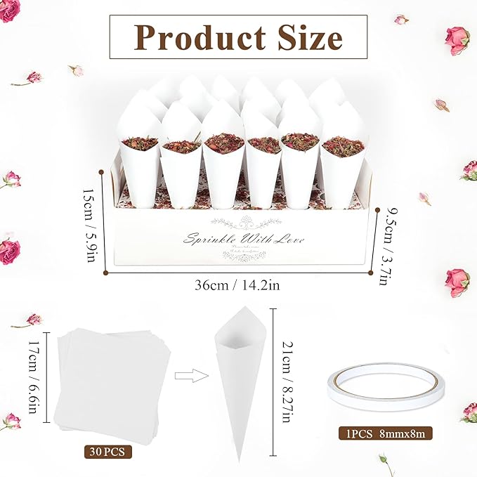 30 Pieces biodegradable confetti Cones and Stand Tray Paper Cone Box 30 Holes Suitable Placing Dried Flower Petals Confetti for Wedding, Engagement, Party, Birthday (White)