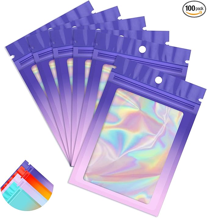 Funfery 100 Pack Holographic Bags,Resealable Bag with Zipper,Clear Window Packaging Pouch,Foil Bags for Food Storage,Sample Jewelry Baggies(4.7×7in,Purple Pink)
