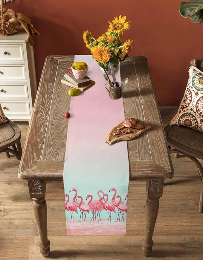 Tropical Flamingo Cotton Linen Table Runner for Dining Kitchen, Wedding Outdoor Party Tablerunners Decoration, Pink Bird Coastal Nautical Animal Dresser Scarf Coffee Tablecloth Runners 13x90 Inches