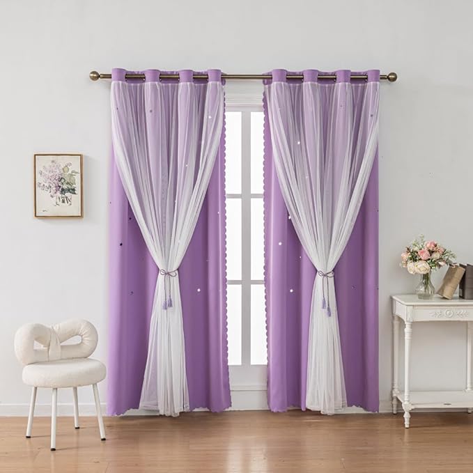 Ombre Rainbow Blackout Curtains for Kid Girls Bedroom Living Room Darking Stripe Double Layer Star Cut Out Wall Home Decor Gradient Grommet Window Curtains (Purple 63L)