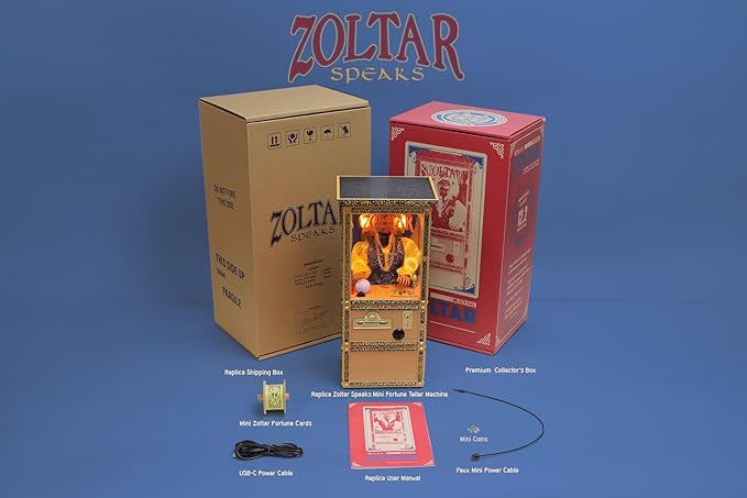 New Wave Toys Zoltar Speaks Mini Replica Fortune Teller Machine, Fully Animated 1/6 Scale with Card Dispenser, USB-C Rechargable