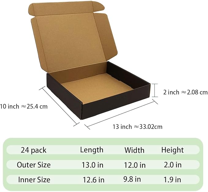 24 Pack 13x10x2 Inches Black Shipping Boxes，3 Layers Corrugated Cardboard Box, Mailer Boxes for Packaging Mailing Gifts Digest Book Giving ProductsWrap Boxes with Lids (13''x10''x2'')