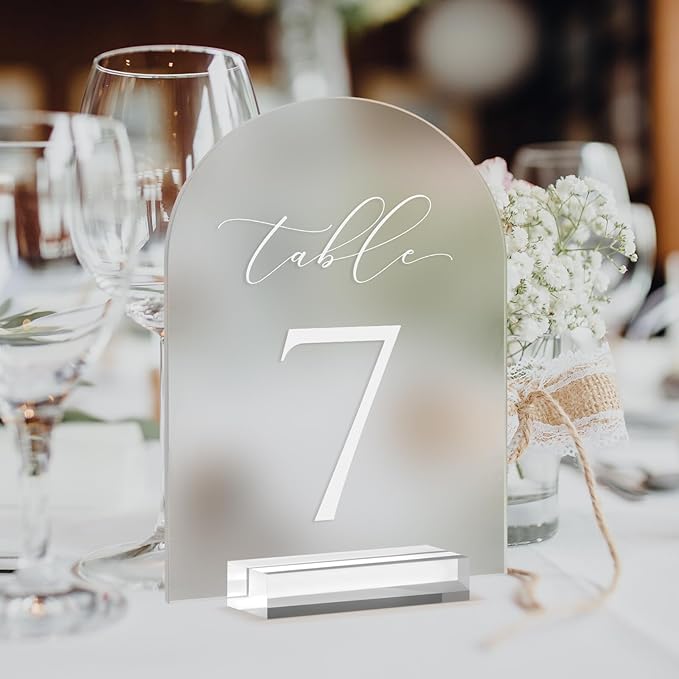 JINMURY Frosted Arch Table Numbers for Wedding, 5x7 Inch Acrylic Table Numbers 1-30 with Stands, Frosted Acrylic Arch Tabletop Sign with Holder for Centerpiece, Reception, Wedding, Party, Event