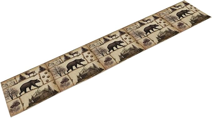 Rustic Cabin Table Runner, Retro Moose Cone Deer Bear Farmhouse Lodge Table Runner for Dinner Living Room Kitchen Vintage Country Cottage 13x70 Inch