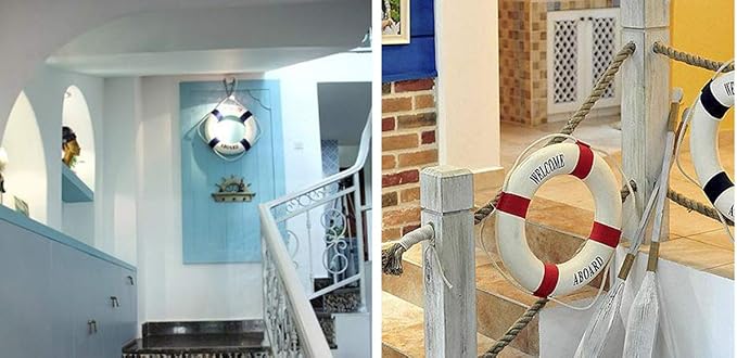 MorroMorn Lifebuoy Wall Hanging Decor - Welcome Aboard Mediterranean Style Home Decoration Hemp Rope (Blue, 20")