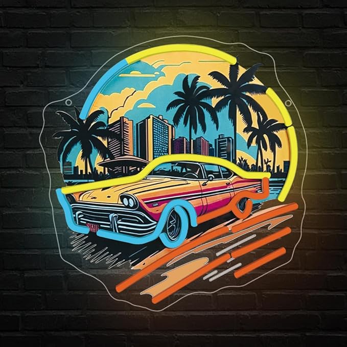 Sports Car Neon Signs for Wall Decor,Racing Car LED Signs for Bedroom,Cool UV Print Hawaiian Style Neon Sign for Boys And Girls Room,Sunset Lamp Man Cave Garage Gaming Lights Game Room Decor