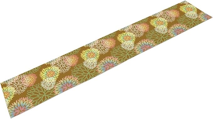 Brown Grey Dahlia Flower Table Runner, Linen Geometric Pattern Floral Table Decor Spring Farmhouse Decorations for Kitchen Dining Holiday Party Decor, 13x70 Inch