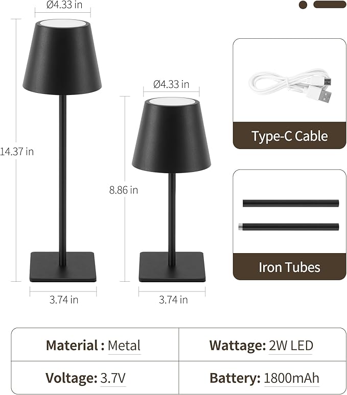 UME 3 Pack Cordless Table Lamp, Battery Operated Lamp - Portable Waterproof Rechargeable Table Lamp w/ 3 Color Temps & Stepless Dimming for Dinner, Desk, Cafe, Outdoor (Black)