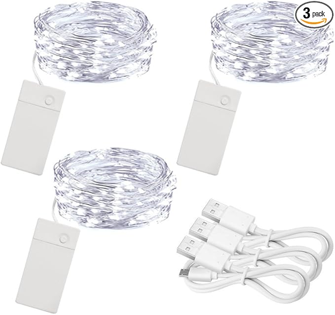 3 Pack Rechargeable String Fairy Lights 10ft 30 LED, Christmas Starry Lighting Silver Copper Wire 4 Modes, Waterproof Cool White Micro Firefly Moon Light with USB Cable