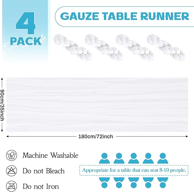Aktor 4 Pack White Table Runner Boho Cheesecloth Table Runner Semi Sheer Gauze Fabric Runners for Wedding Birthday Baby Shower Party Boho Table Decoration（White）