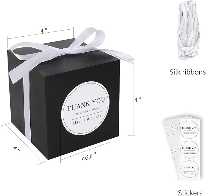 COTOPHER Small Gift Boxes 60 Pack 4x4x4 inches Black Gift Boxes with Lids for Gifts, Crafting, Wedding Party Favor, Cupcake Boxes, Candy, Bridesmaids Proposal Box with Ribbons and Stickers (Black, 60)
