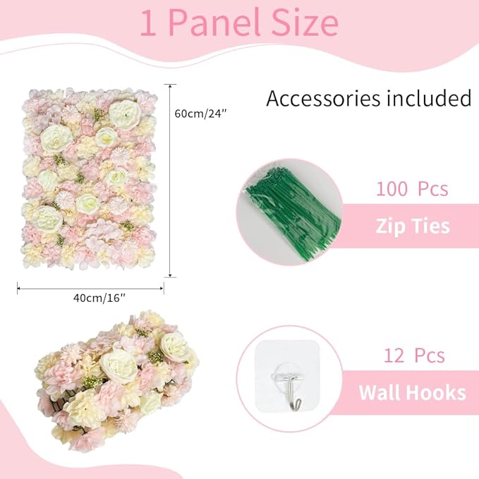Artificial 3D Flower Wall Panel for Backdrop 24x16 inches 12 Pcs Light Pink Faux Roses Artificial Flower Backdrop for Wedding Party Bridal Baby Shower Decor