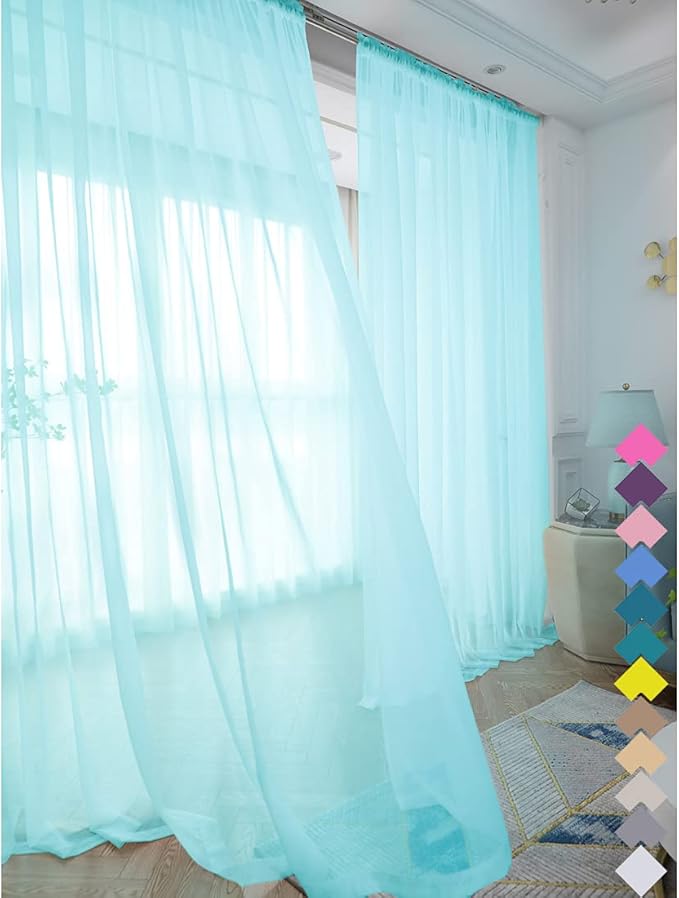 Window Lake Blue Sheer Curtains 145 Inches Long 2 Panels Sheer Curtain Basic Rod Pocket Panel for Bedroom Children Living Room Yard Kitchen