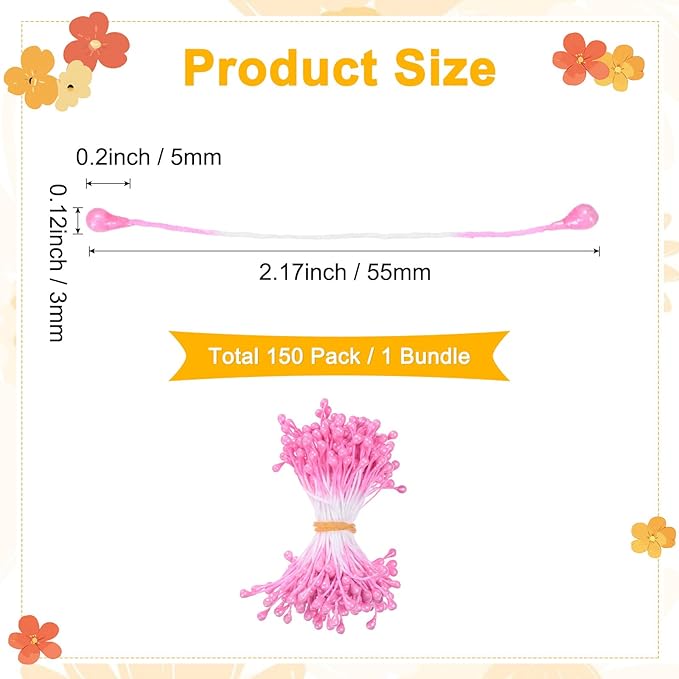 150-Pack Flower Stamens for Crafts, 5mm Double Heads Artificial Pearl Floral Pistil Mini Flower Pollens Stamens for DIY Making/Wedding/Scrapbook Decoration [Dark Pink]
