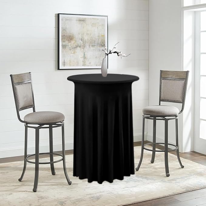 Albassa 4 Pack Cocktail Table Covers 32"x 43" Spandex Stretch Round Cocktail Tablecloths with Wavy Drapes Fitted High Top Bar Table Skirt for Wedding Party Banquet (Black, 4 PCS)