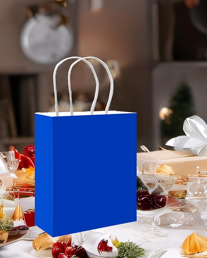 qiqee 50-Packs Diamond Blue Paper Gift Bags with Handles Bulk 11"x8.3"x4.3" Medium Size Paper Bags Multiple Uses