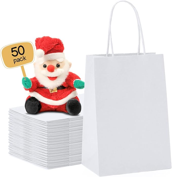 METRONIC Paper Gift Bags 5.25x3.75x8 50Pcs, White Paper Bags with Handles, Kraft Paper Bags for Small Business, Heavy Duty Bulk Paper Bags for Birthday Party Favors, Shopping, Retail, Merchandise