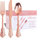 WDF 120Pieces Rose Gold Plastic Silverware - Heavy Duty Rose Gold Plastic Cutlery Set - Disposable Rose Gold Utensils - Rose Gold Flatware Includes 40 Forks, 40 Spoons, 40 Knives for Wedding