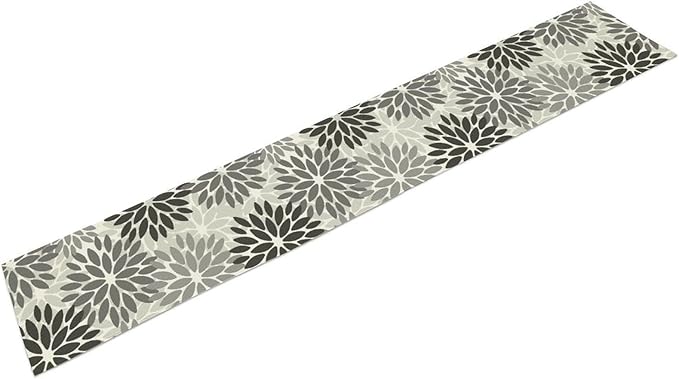 Gray Dahlia Flower Table Runner, Vintage Modern Linen Geometric Pattern Floral Table Runner Spring for Farmhouse Kitchen Dining Party Holiday Party, 13x108 Inch