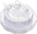 Liacere 150PCS Clear Silver Plastic Plates & Disposable Silver Plastic Silverware with Glitter Bamboo Handle Cutlery-Baroque Clear Disposable Plates for Wedding & Easter day & Mother's Day