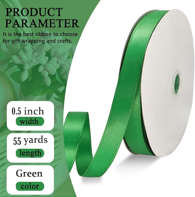 Green Satin Ribbon Double Faced Satin 1/2 inch x 55 Yards Polyester Ribbon for Gift Wrapping Crafts Wedding Decoration Bows Ornaments Party Bouquet Floral Arrangement