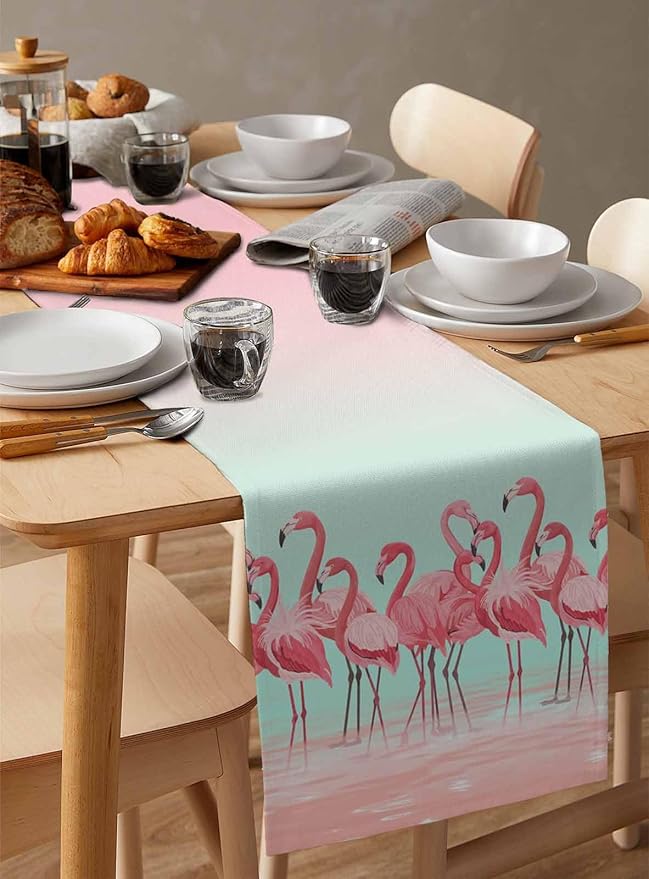 Tropical Flamingo Cotton Linen Table Runner for Dining Kitchen, Wedding Outdoor Party Tablerunners Decoration, Pink Bird Coastal Nautical Animal Dresser Scarf Coffee Tablecloth Runners 13x36 Inches