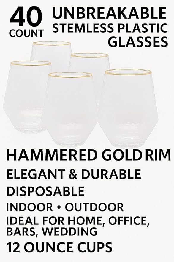 40 count Diamond Unbreakable Stemless Plastic Wine Champagne Whiskey Glasses Elegant Durable Disposable Indoor Outdoor Ideal for Home, Office, Bars, Wedding, 12 Ounce Cups (Hammered Gold Rim)