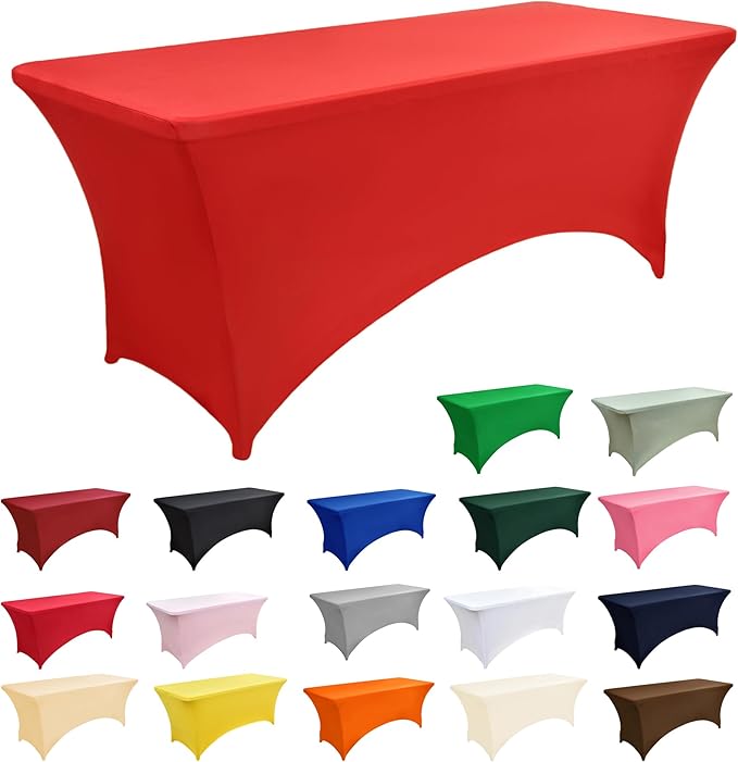 2-Pack 4ft Red Spandex Table Covers for Rectangular Folding Tables - Wrinkle Resistant Stretch Tight Table Cloths - Ultimate Fitted Table Protector for Parties, Banquet, and Wedding