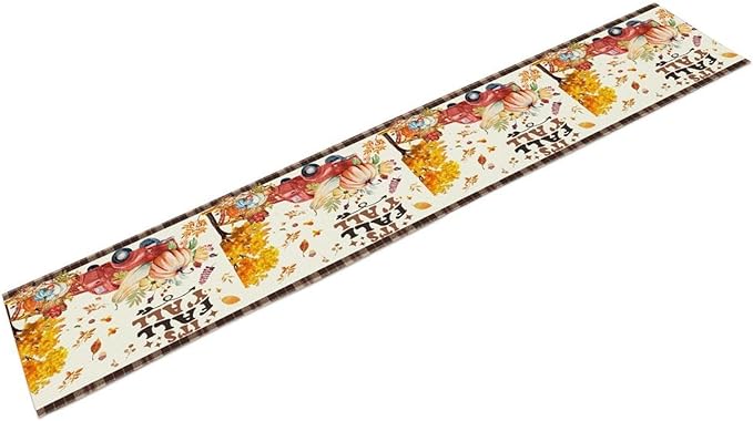 Fall Pumpkin Table Runner,Rustic Maple Yellow Leaf Trees Truncks Brown Plaid Tablecloth Burlap for Hotel Indoors Outdoor Dining Room Kitchen Home Decor,W13X L90 in