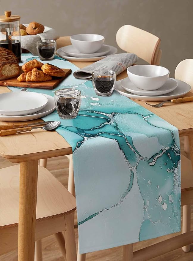 Turquoise Marble Cotton Linen Table Runner for Dining Kitchen, Wedding Outdoor Party Tablerunners Decoration, Nature Marble Crack Country Retro Dresser Scarf Coffee Tablecloth Runners 13x90 Inches