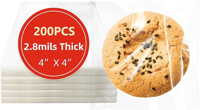 4x4 Inches 200 PCS Cookie Bags for Gift Giving,Self Sealing Cellophane Clear Resealable Cellophane Bags Self Adhesive Individual Cookie for Packaging 200Pieces 4"x4"