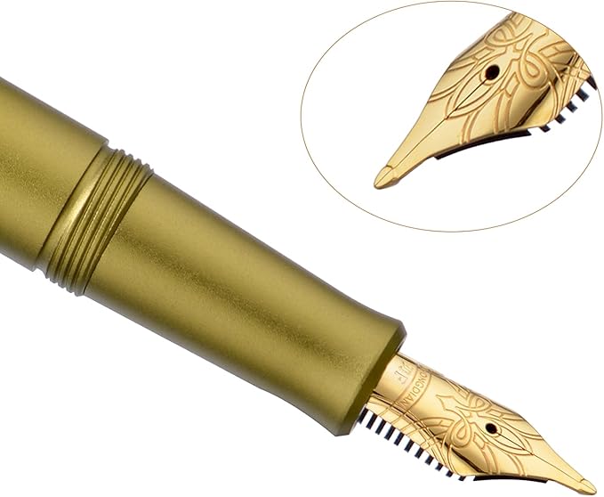 HONG DIAN M2 Black Forest Mini Fountain Pen, Long Blade Nib & Sleek Shape Aluminium Short Pocket Travel Pen (Olive Green)