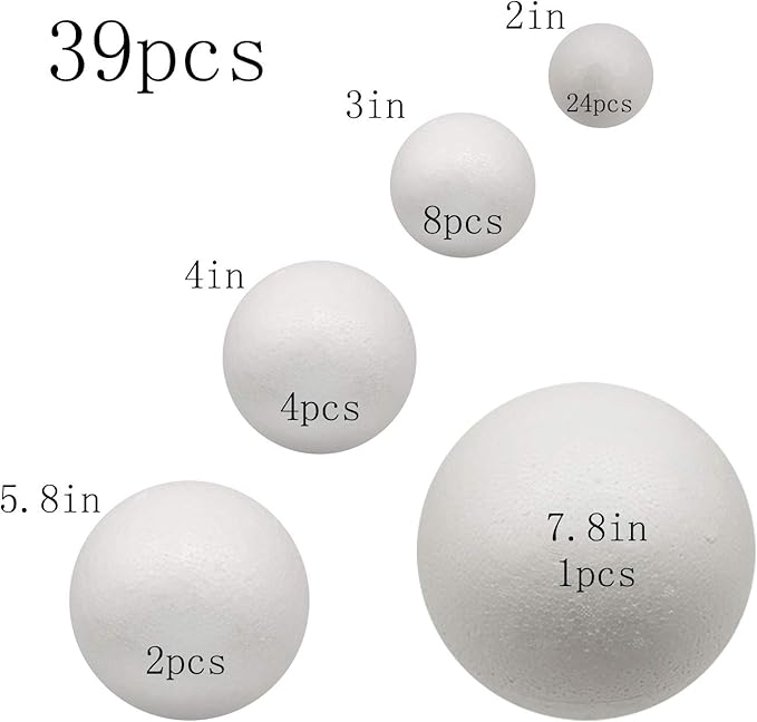 FFchuanhe 39 Pack Craft Foam Balls, 5 Sizes Including 2-7.8 in, Polystyrene Smooth Round Balls for Arts and Crafts, Wedding, DIY Craft for Home, Supplies School Craft Project and Holiday Party