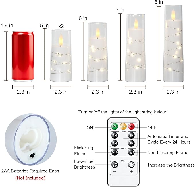 Raycare Flameless Candle with Remote Timer – 5 Flickering Acrylic Battery Operated LED Pillar Candles with Embedded Star String for Halloween, Home Decor, and as a Gift(White)