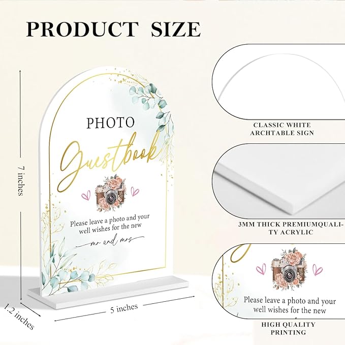 Acrylic Wedding Sign for Ceremony & Reception - 5x7 Inch White Guest Book, Photo Guest Book, Cards & Gifts - Wedding Decor Bundle